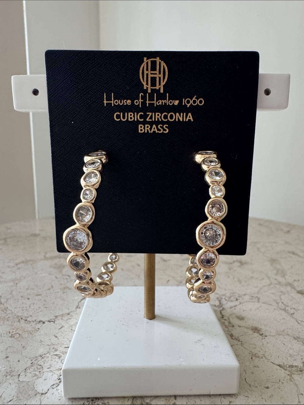 House of Harlow 1960 Clear CZ Brass Hoop Earrings